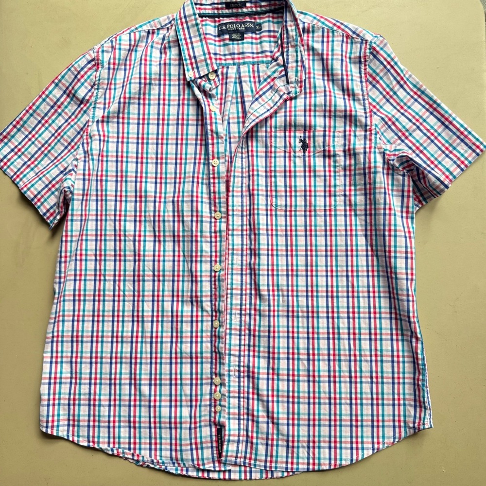 U.S. Polo Assn Button Down Shirt Mens XL Plaid Short Sleeve Stretch preppy horse - Picture 4 of 8